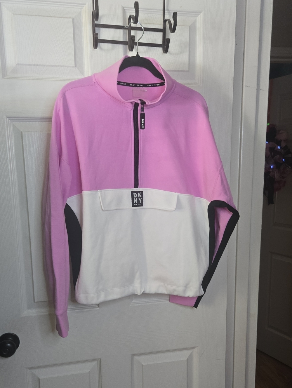 DKNY Pink and White Colorblock Half-Zip Sweater